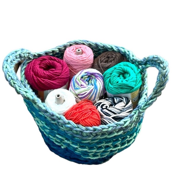 Handmade Basket Organization Green Blue Crochet Decor Hand Crafted Chunky Knit - Picture 3 of 17
